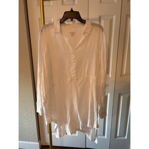 JJill White Love Linen Tunic Top Long Sleeve Split Neck L Lagenlook Granola